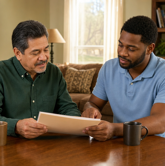 Homeowner reviewing a cash offer with a local buyer at his dining table