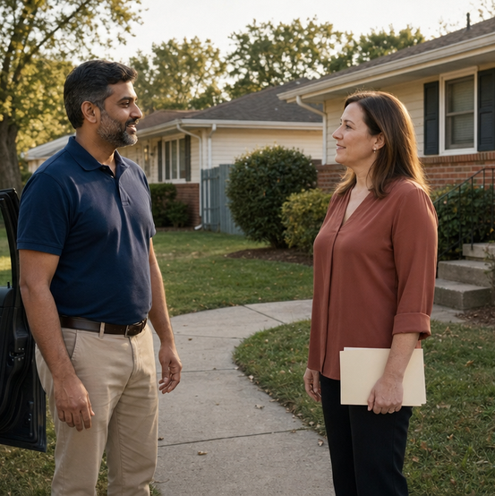 Local cash home buyer talking with a homeowner on the front walk of her house