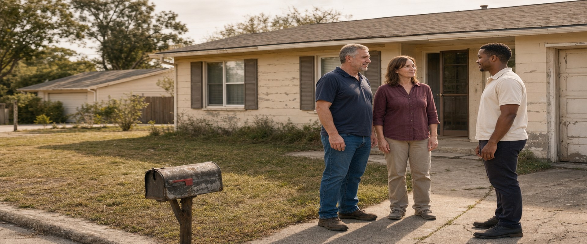 Landlord couple talking with a cash home buyer outside their worn rental property