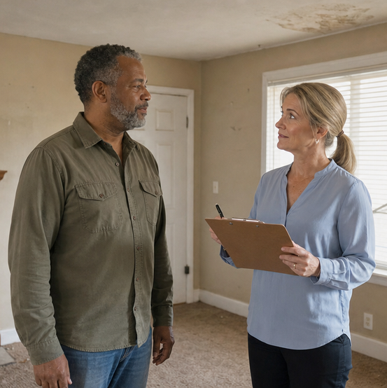 Landlord walking through an empty rental unit with a cash home buyer taking notes