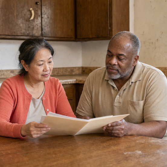 Landlord couple reviewing paperwork at the kitchen table of their rental property