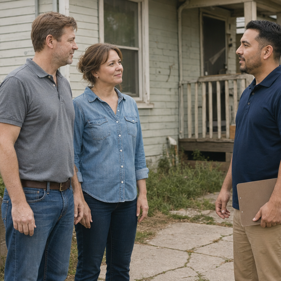 Landlord couple talking with a cash home buyer outside a rental house that needs repairs