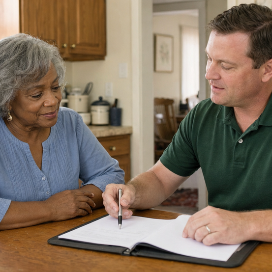 Landlord reviewing a cash offer with a cash home buyer at her kitchen table