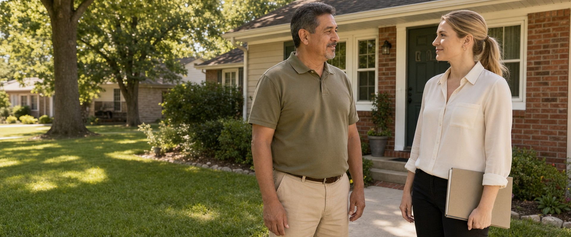 Homeowner talking with a cash home buyer in front of his brick house