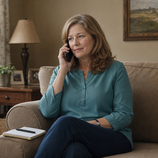 Homeowner on the phone requesting an offer from her living room