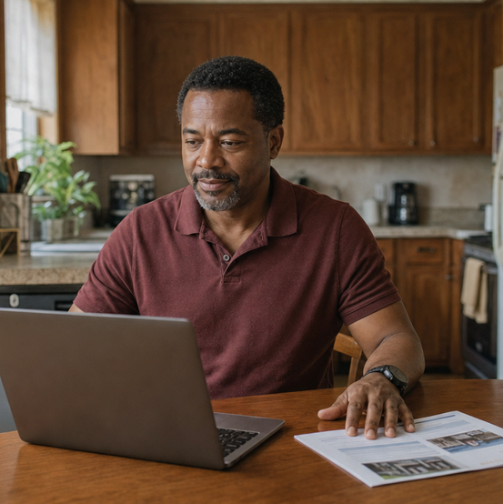 Homeowner reviewing a home offer on his laptop at the kitchen table