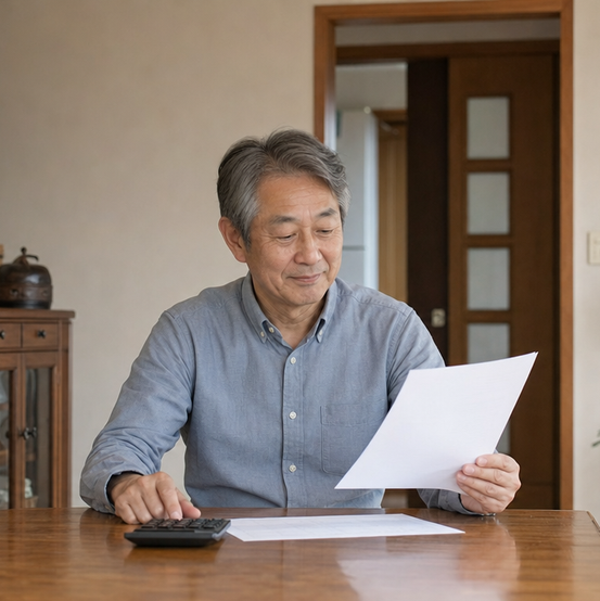 Homeowner adding up selling fees with a calculator at his dining table