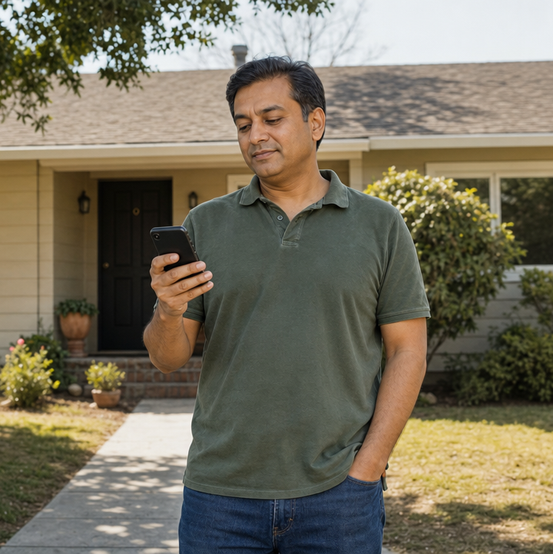 Homeowner on his phone in front of his house planning his closing date