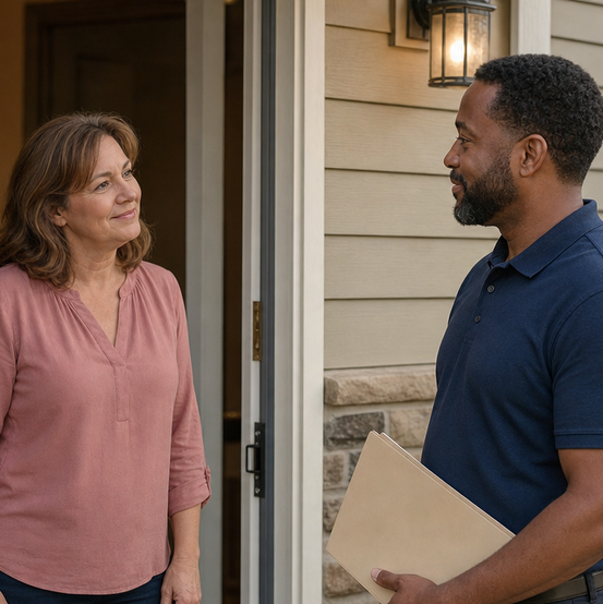 Homeowner greeting a local cash home buyer at her front door
