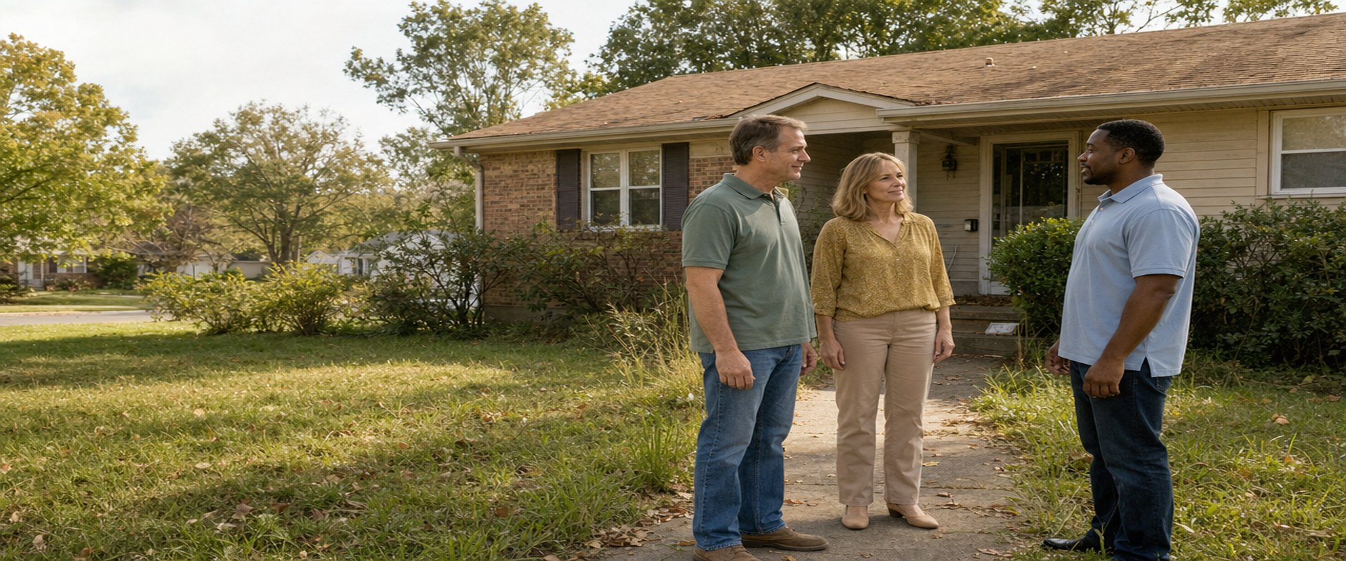 Homeowner couple talking with a cash home buyer outside their vacant house with an overgrown yard