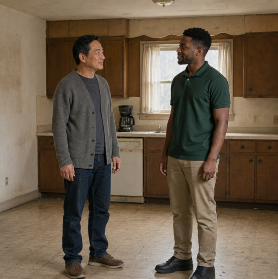 Homeowner talking with a cash home buyer in the empty kitchen of a vacant house