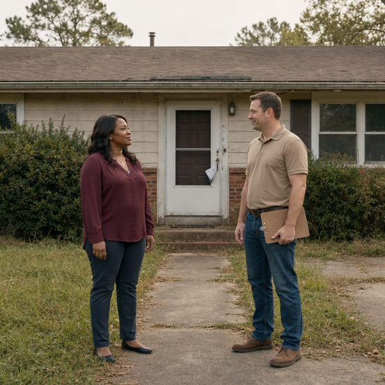 Homeowner talking with a cash home buyer outside a vacant house