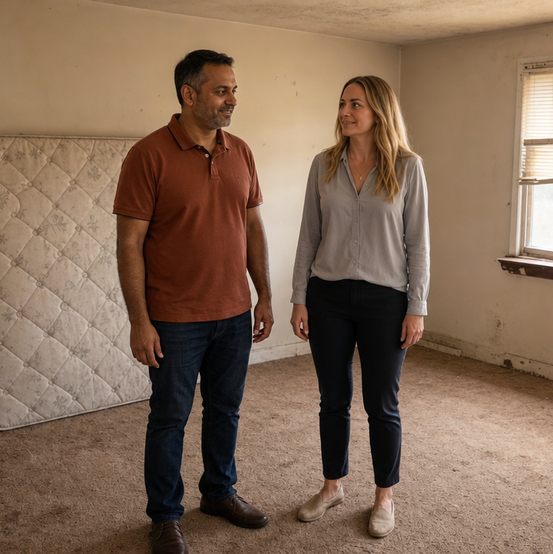 Homeowner and cash home buyer standing in an empty bedroom of a vacant house