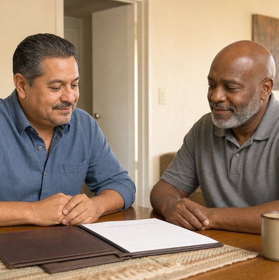Homeowner reviewing a cash offer with a cash home buyer at a table