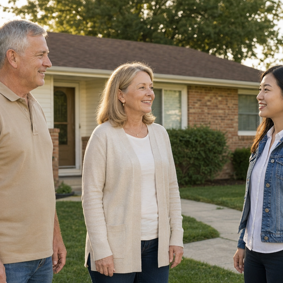 Homeowner couple talking with a cash home buyer outside their brick home