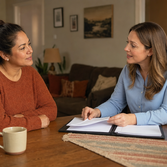 Homeowner talking with a SellMyHouse.co advisor about her situation at the dining table
