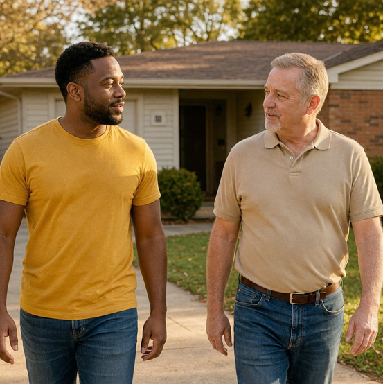 Cash home buyer walking the property with a homeowner to evaluate the house as is