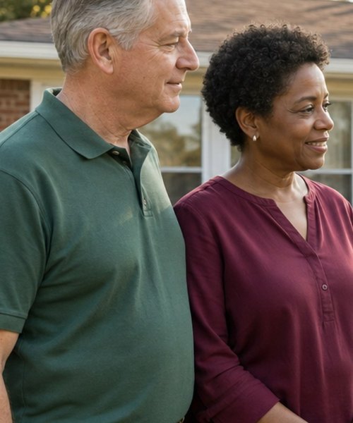 Homeowner couple standing in front of their house