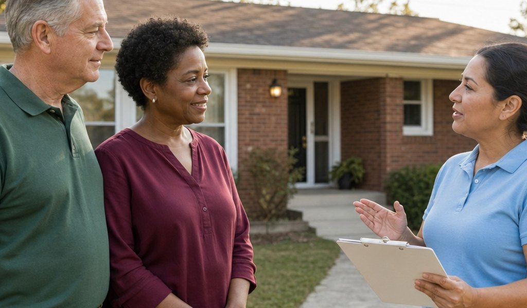 Homeowner couple talking with a SellMyHouse.co cash home buyer in front of their house