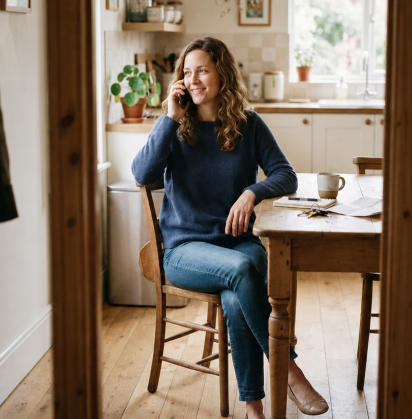 Homeowner smiling while on the phone at her kitchen table, calling about selling her house