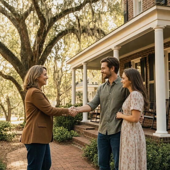 Couple shaking hands with a buyer in front of a Montgomery home with a columned porch and live oaks