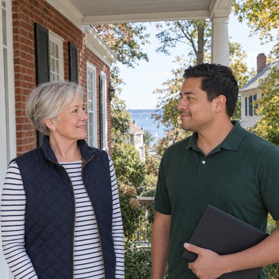 Annapolis homeowner talking with a cash home buyer on the porch of a brick house with the water in the distance