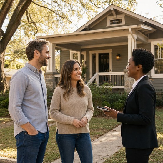 Couple talking with a buyer outside a craftsman home in Atlanta
