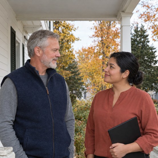 Augusta, Maine homeowner talking with a cash home buyer on the front porch of a white house with fall foliage behind