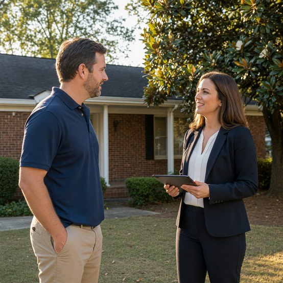 Homeowner talking with a buyer outside a brick home in Augusta