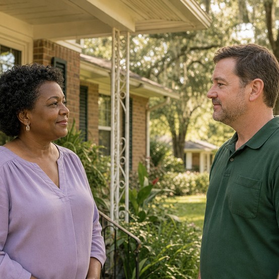 Baton Rouge homeowner talking with a cash home buyer in her front yard