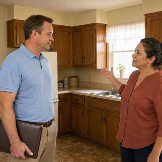 Cash home buyer visiting a homeowner's kitchen
