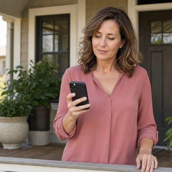 Homeowner checking an online cash offer on her phone on the front porch