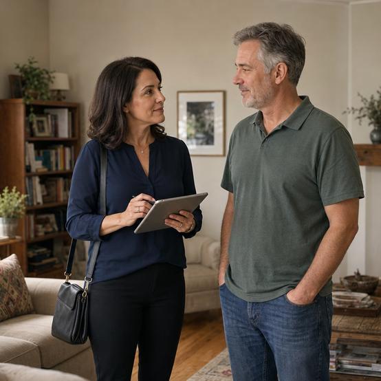 Real estate agent with a tablet walking through a home with the homeowner