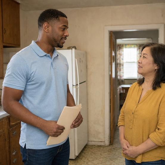 Cash home buyer touring a dated kitchen with the homeowner