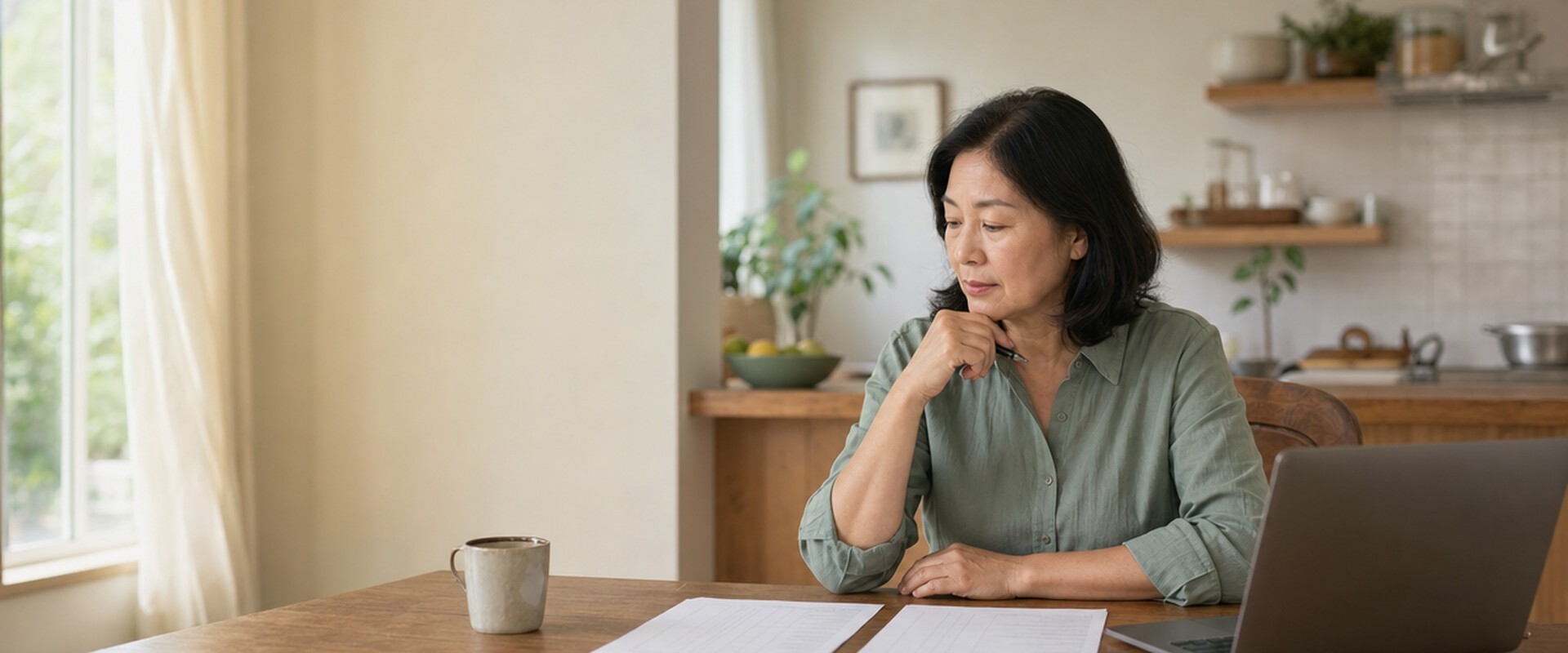 Homeowner comparing a cash offer and a listing agreement at her kitchen table