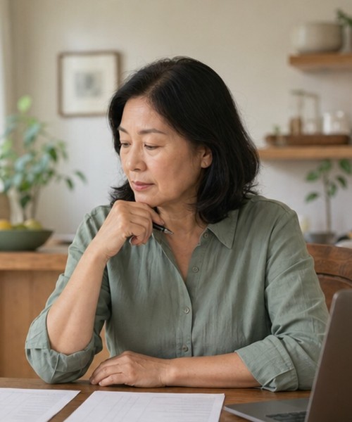 Homeowner comparing a cash offer and a listing agreement at her kitchen table