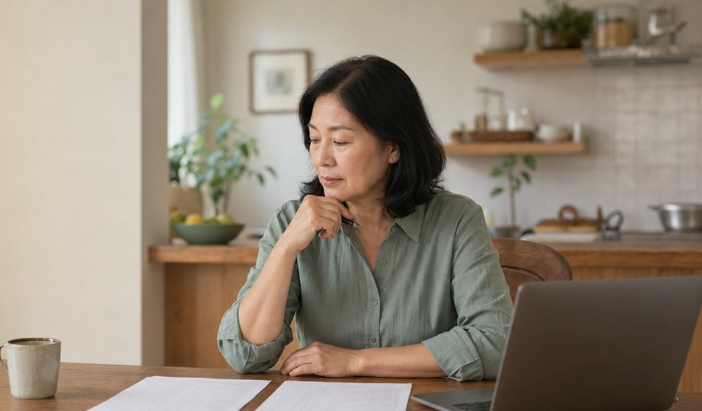 Homeowner comparing a cash offer and a listing agreement at her kitchen table