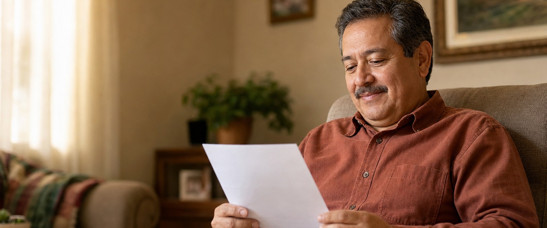 Homeowner reading a cash offer on his house in his living room