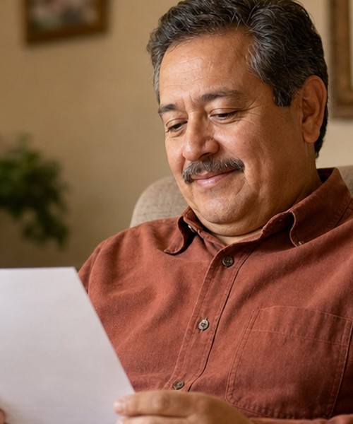 Homeowner reading a cash offer on his house in his living room
