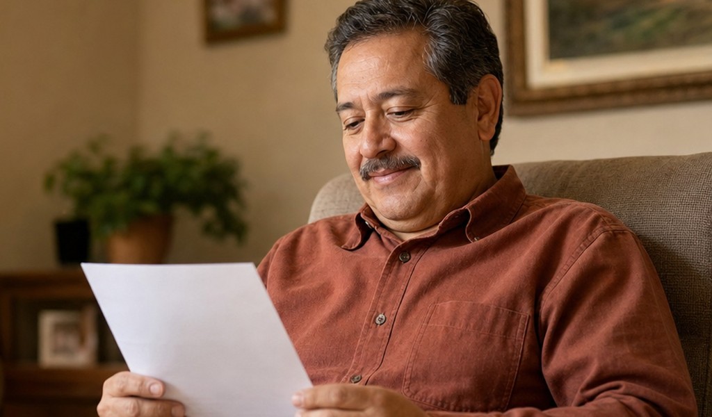 Homeowner reading a cash offer on his house in his living room