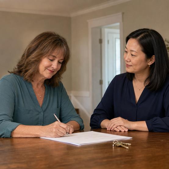 Homeowner signing closing documents with house keys on the table