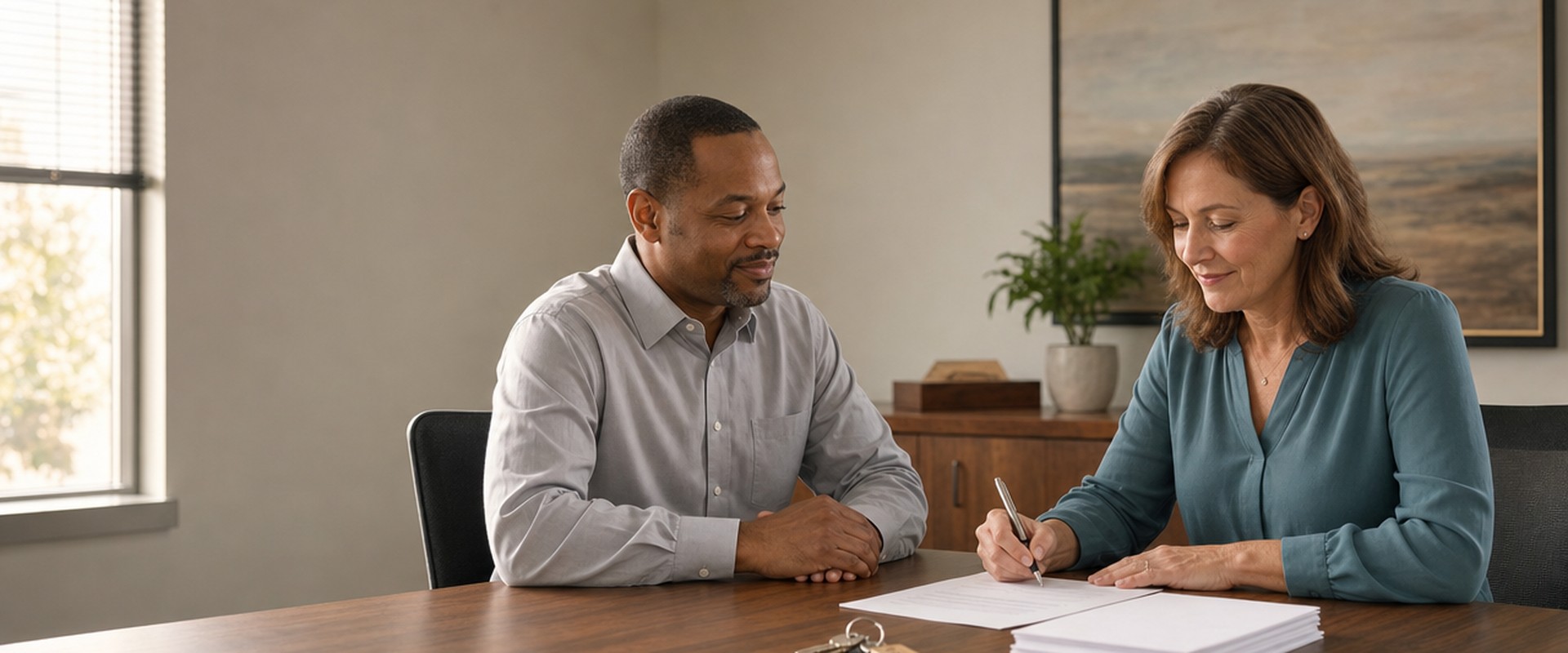 Homeowner signing closing documents with a title professional at a closing table