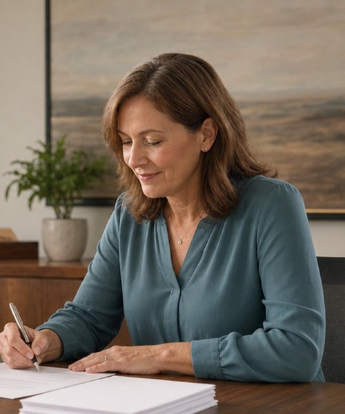 Homeowner signing closing documents with a title professional at a closing table