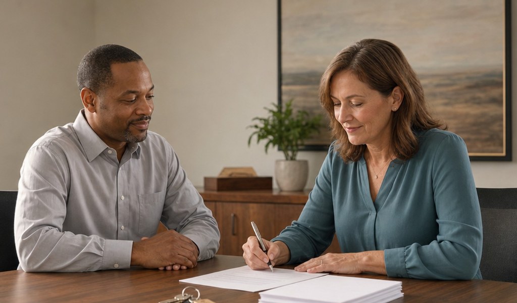 Homeowner signing closing documents with a title professional at a closing table