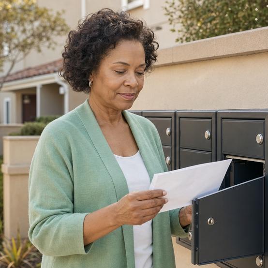 Homeowner checking mail at a townhome community mailbox