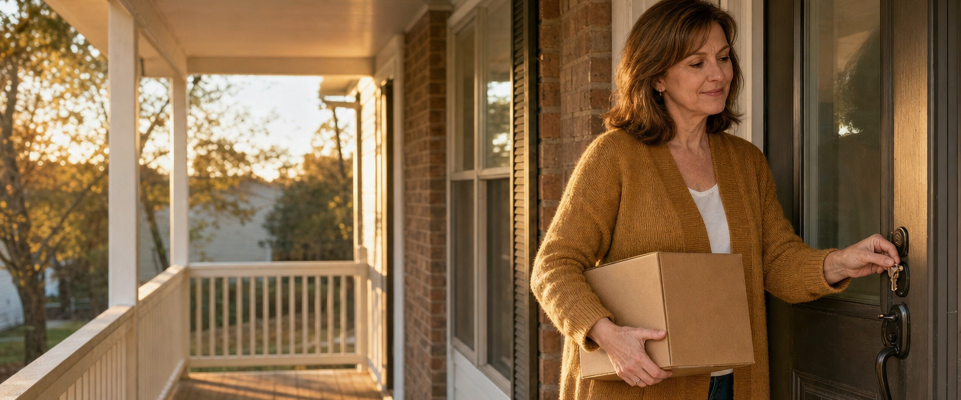 Homeowner locking the front door of her house for the last time after selling