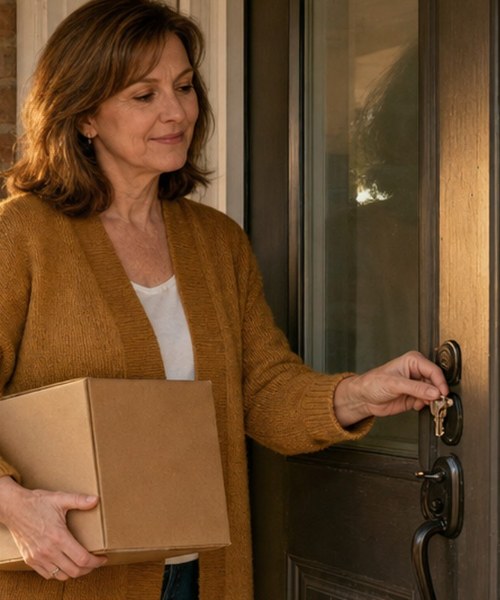 Homeowner locking the front door of her house for the last time after selling