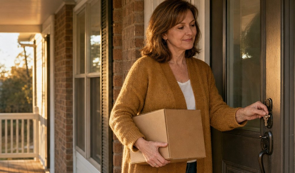 Homeowner locking the front door of her house for the last time after selling