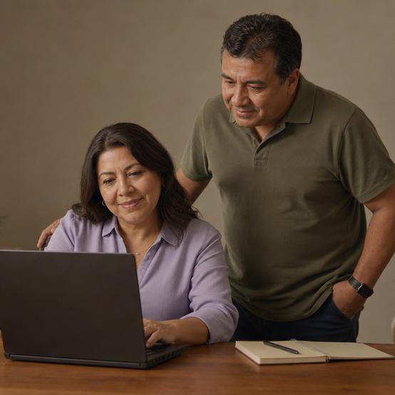 Couple reviewing their home sale numbers on a laptop at a home office desk
