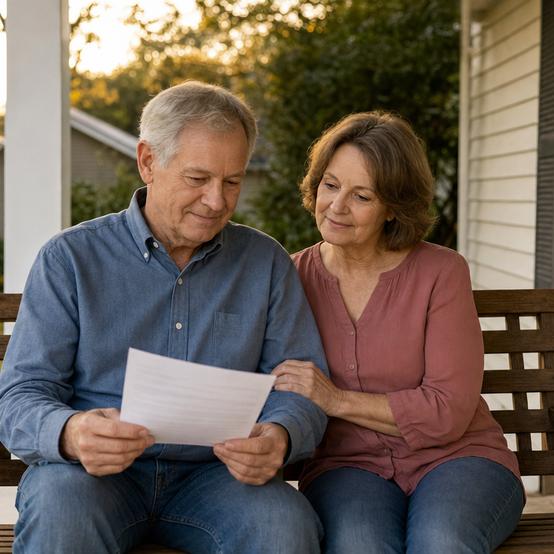 Older couple reading over a printed home sale estimate together on their porch swing